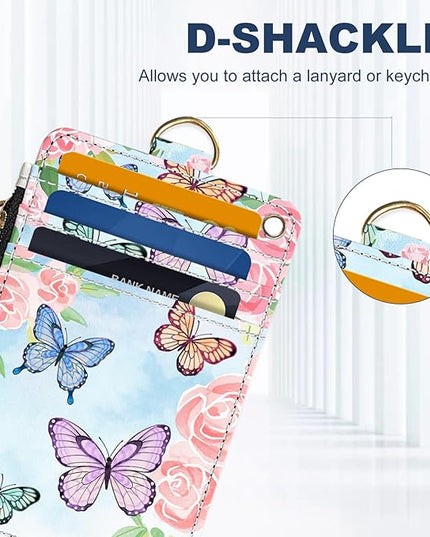 Slim Wallet Credit Card Holder, Butterflies and Flowers, RFID Wallet Women Cute Small Front Pocket Wallet With Zipper, PU Leather Thin travel RFID Blocking Card Case ID Window,Ladies Gifts