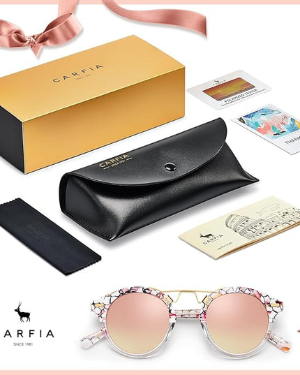 CARFIA Small Face Acetate Polarized Sunglasses for Women UV Protection, Retro Double Bridge Eyewears Metal Brow Round Sunnies