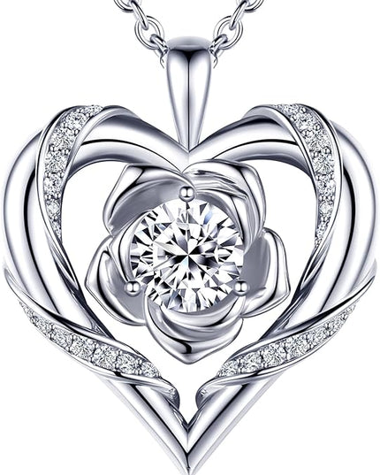 Beam & Bask Rose Flower Heart Moissanite Necklaces for Wife, S925 Silver Pendant for Women, 18K Gold Plated Jewelry for Her Girlfriend Mom for Anniversary Birthday