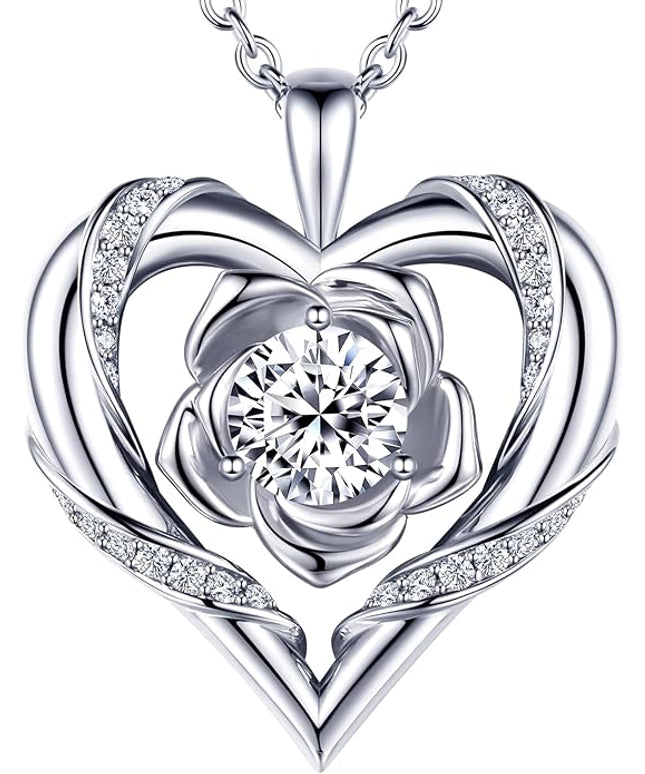 Beam & Bask Rose Flower Heart Moissanite Necklaces for Wife, S925 Silver Pendant for Women, 18K Gold Plated Jewelry for Her Girlfriend Mom for Anniversary Birthday