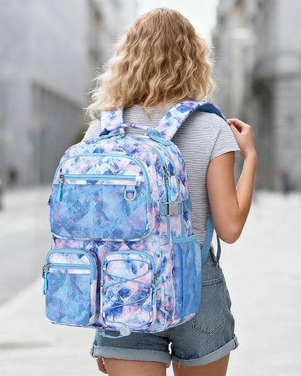 Lohol Multi-Pocket Backpack for Travel College, Heavy Duty Big Bookbag with 15.6 inch Laptop Compartment (Blue Pink Tie-Dye
