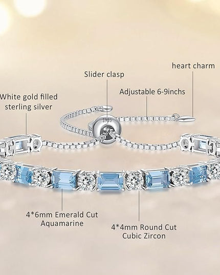 Birthstone Tennis Bracelets for Women White Gold Sterling Silver Gemstone Bracelets Adjustable Chain 6-9 Inchs Jewelry Anniversary Birthday Gifts for Women Mom Wife Her