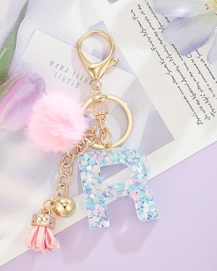 Resin Alphabet Initial Letter Keychain Keyring for Women Purse Handbags With Fur Ball Pom