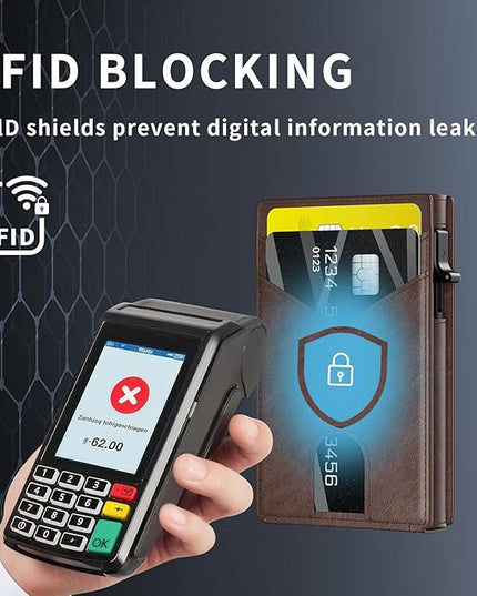 KISUEDZP Wallet for Men Slim RFID Blocking-Metal Smart Pop-Up Credit Card Holder with 2 ID Windows, Holds 8-10 Cards,Bifold Minimalist Front Pocket Wallet & Money Clip,Men's accessories (Coffee)
