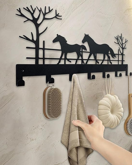 ShowMtheM Metal Horse Key Holder for Wall,Metal Key Organizer Wall Decorative with 7 Hooks,Black Wall Mount Key Holder for Entryway,Front Door,Hallway,Office