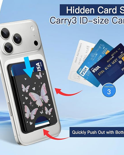 Stronger Magnetic Card Slot Wallet for iPhone 17/16/15/14/13/12 Series (Not for 13/12 Mini), Butterfly Pattern Hard Card Holder Fit 3 Cards Compatible with Magsafe Accessories, Black