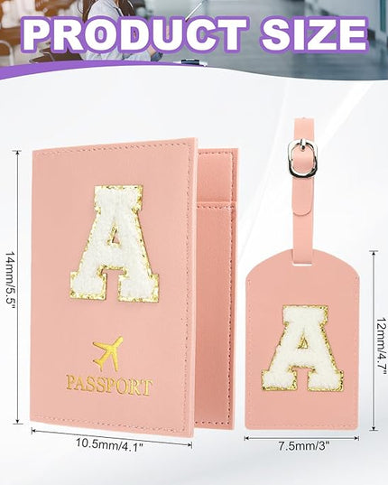 PATIKIL Passport Holder for Travel, Initial Passport Cover and Luggage Tag Set with Alphabet Chenille Letter Patch Travel Wallet Bag Suitcase Identifier for Women Family Travel Pink A
