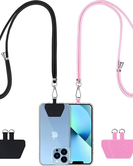 CACOE Phone Lanyard 2 Pcs-2 Pcs Adjustable Neck Strap, 4 Pcs Patches, Universal Crossbody Multifuctional Cell Phone Lanyards Compatible with Most Smartphones(Black+Bright Pink)