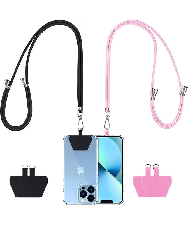 CACOE Phone Lanyard 2 Pcs-2 Pcs Adjustable Neck Strap, 4 Pcs Patches, Universal Crossbody Multifuctional Cell Phone Lanyards Compatible with Most Smartphones(Black+Bright Pink)