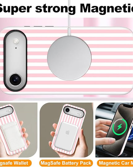Magnetic for iPhone 17 Air Case Cute Stripes Phone Case, Shockproof Slim TPU and Hard PC Protective Phone Cover Compatible with MagSafe Designed for Women Girls, Pink and White