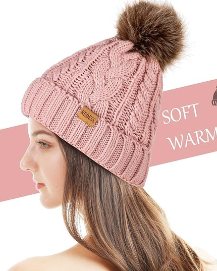 REDESS Women Winter Pompom Beanie Hat with Warm Fleece Lined, Thick Slouchy Snow Knit Skull Ski Cap