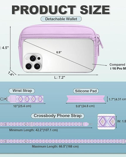 Clip and Go Strap for Phone with Wallet Crossbody, Adjustable Phone Lanyard with Detachable RFID Wristlet Wallet, Pattern Strap - Light Purple(L)