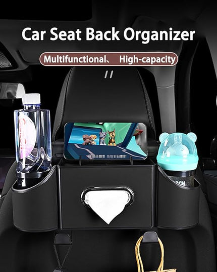 Back Seat Car Organizer,4 in 1 Multifunctional Car Back Seat Storage Box with Drink Cup Holder Tissue Box, for Hold Phone,Snacks, Drinks, Handbag-Black-2Packs