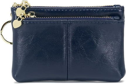 ZOOEASS Women PU Leather Zip Mini Coin Purse With Key Ring Triple Zipper Card Holder Wallet (Navy)