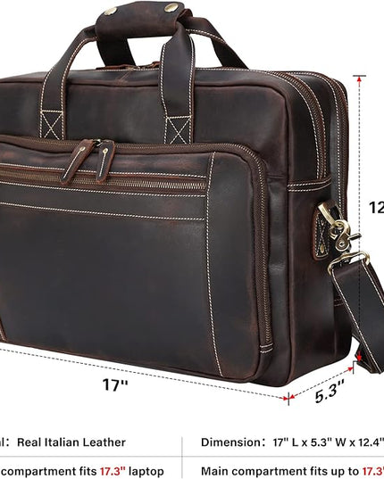 Men's Solid Thick Full Grain Leather 17.3" Laptop Briefcase Classic Messenger Bag Fit Business Travel | Solid, Thick, Full Grain Leather, 17.3", Classic, Fit, Business Travel