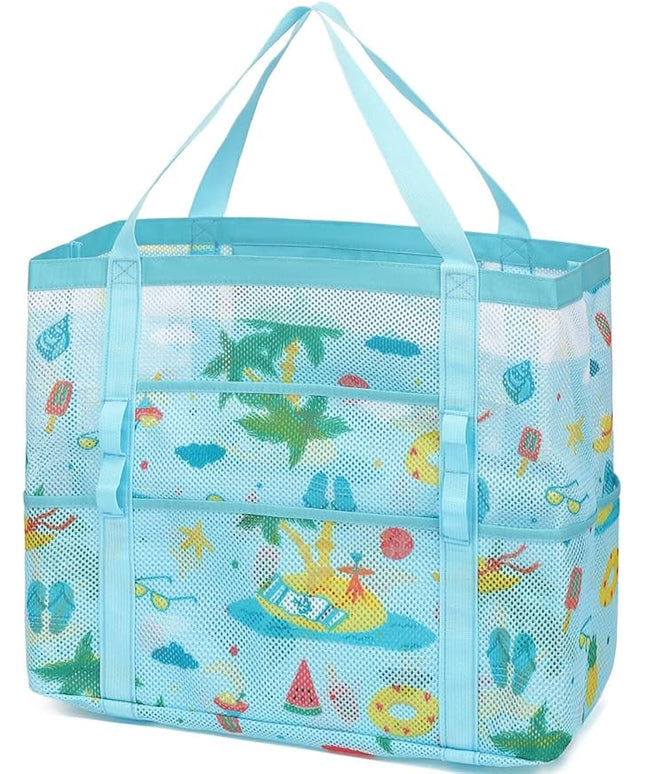 Mesh Beach Bag, Large Beach Tote with Zipper Pocket, Toys Pool Bag for Family Travel Vacation Cruise Essentials
