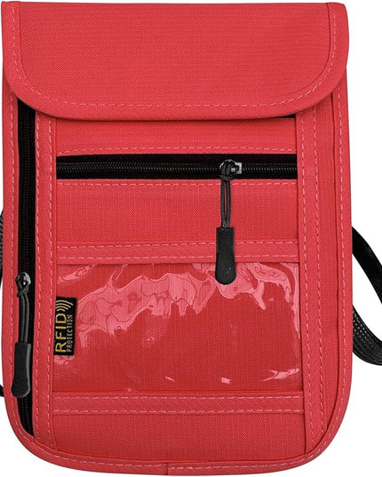 RFID Blocking Travel Neck Wallet Pouch and Passport Holder, Travel Neck Pouch Passport Holder for Women & Men - Red