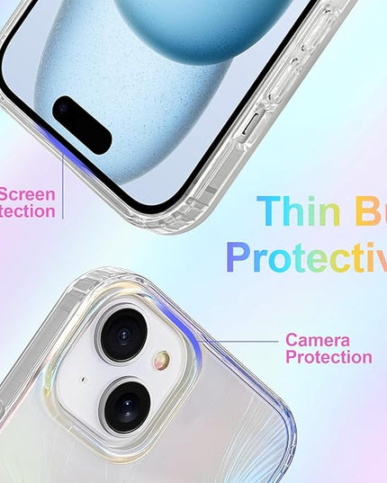 Glitter Case for iPhone 15 Case for Women Girls [ Compatible with Magsafe ] Clear Cute Aesthetic Girly Iridescent Feather Sparkly Bling Magnetic Phone Cover, Gradient Blue & Pink