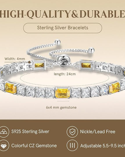 FANCIME Birthstone Bracelet for Women, Sterling Silver 4x6mm Gemstone Tennis Bracelet Bolo Adjustable Chain Fine Jewelry Birthday Gifts for Women Mom Wife Her