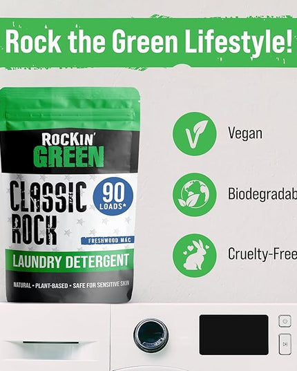 Rockin' Green Classic Rock Laundry Detergent (90 Loads), Plant based, All Natural Laundry Detergent Powder, Vegan and Biodegradable Odor Fighter, Safe for Sensitive Skin, 45 oz (Freshwood Mac)