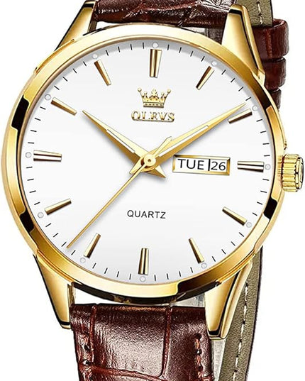 OLEVS Watches for Men Brown Leather Gold Case Analog Quartz Fashion Business Dress Watch Day Date Luminous Waterproof Casual Male Wrist Watches