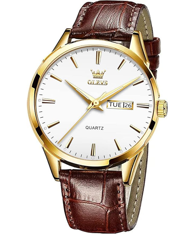 OLEVS Watches for Men Brown Leather Gold Case Analog Quartz Fashion Business Dress Watch Day Date Luminous Waterproof Casual Male Wrist Watches