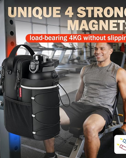 Magnetic Gym Bag, Upgraded Super Strong Magnetic Gym Water Bottle Bag with Phone Pocket & Shoulder Strap｜ Sports Water Bottle Holder, small Fitness Pouch, Crossbody Bag for Men & Women, Gym Accessory