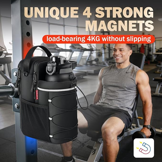 Magnetic Gym Bag, Upgraded Super Strong Magnetic Gym Water Bottle Bag with Phone Pocket & Shoulder Strap｜ Sports Water Bottle Holder, small Fitness Pouch, Crossbody Bag for Men & Women, Gym Accessory