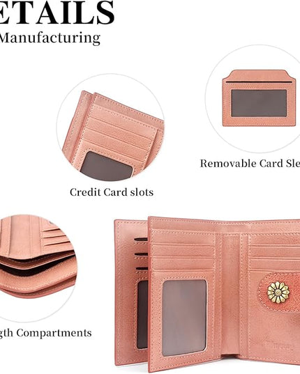 Blucoay Wallet Women,RFID Blocking Leather Womens Wallet Bifold Compact Card Holder Small Wallet for Women with Removable ID Window Pink
