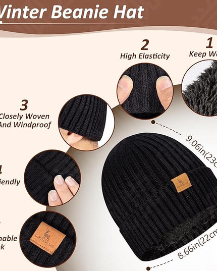 Men Women Winter Beanie Hats Scarf with Touchscreen Gloves Warm Knit Themal Gloves Long Scarf Set with Fleece Lined