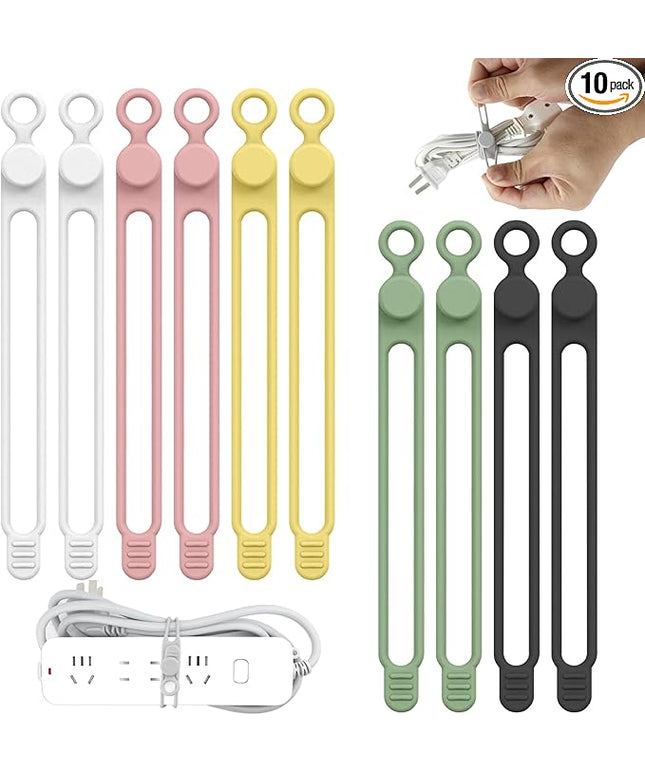 Silicone Cable Straps,10PCS 7.1"Cord Ties, Reusable Cable Ties，Travel Cord Organizer，Wire Organizer Ties for Kitchen,Home,School,Bundle Storage for Cables Etc（5 Colors）