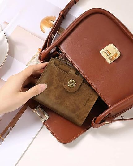 Blucoay Wallet Women,RFID Blocking Womens Wallet,Leather Bifold Compact Small Wallet for Women Card Holder with Zip Coin Pocket(apricotbrown)