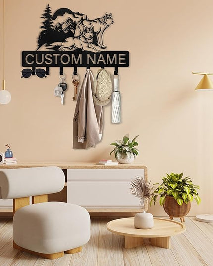 Kotagi Personalized Key Holder Wall Mounted, Custom Name Wolf Keys Hooks for Wall, Animal Theme Coat Hook Key Rack, Wall Hanging Decorative, Wall Mount Hanger Rack for Bedroom, Entryway, Kitchen
