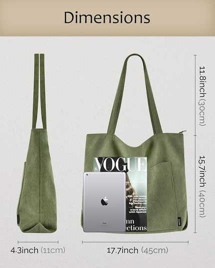 Prite Corduroy Tote Bag for Women Large Shoulder Bag with Zipper and Pockets for College Work Travel Shopping