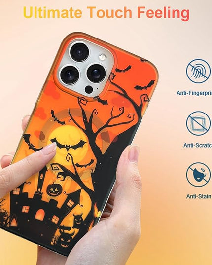 Halloween Case for iPhone 16 Pro Max Case [ Compatible with Magsafe ] Holographic Orange Sky with Black Castle, Bats, Ghosts, Pumpkins Pattern Design, Creative Magnetic Protective Phone Cover