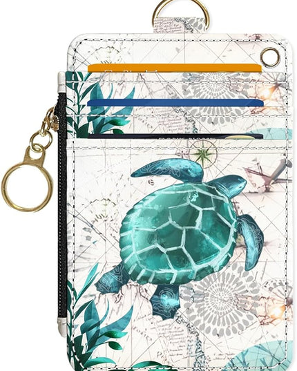 Slim Wallet Credit Card Holder, Map TurtleX, RFID Wallet Women Cute Small Front Pocket Wallet With Zipper, PU Leather Thin travel RFID Blocking Card Case ID Window,Ladies Gifts