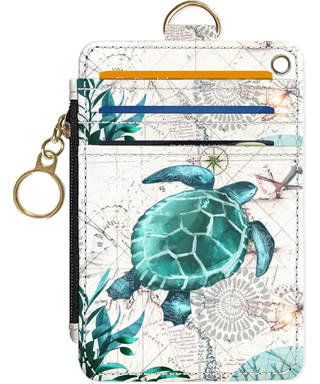 Slim Wallet Credit Card Holder, Map TurtleX, RFID Wallet Women Cute Small Front Pocket Wallet With Zipper, PU Leather Thin travel RFID Blocking Card Case ID Window,Ladies Gifts