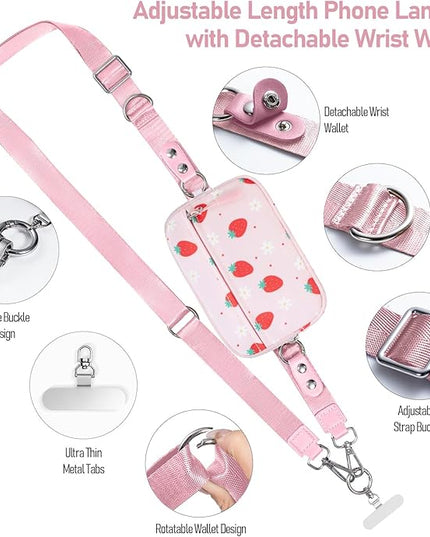 Clip and Go Strap for Phone with Wallet Crossbody Phone Lanyard and Detachable Checkered Bag with ID Window and RFID Pouch for Daily Travel. Strawberry