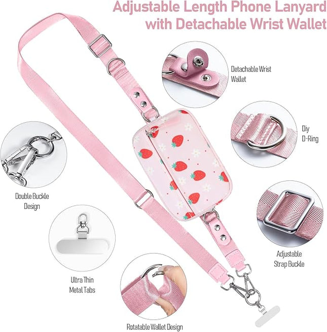 Clip and Go Strap for Phone with Wallet Crossbody Phone Lanyard and Detachable Checkered Bag with ID Window and RFID Pouch for Daily Travel. Strawberry
