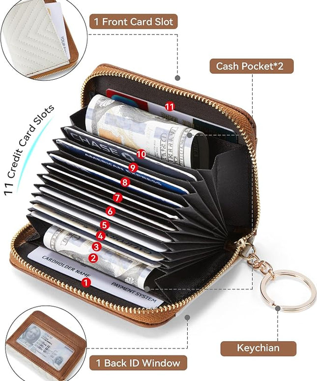 BOSTANTEN Credit Card Holder Wallet RFID Blocking Leather Small Wallet for Women Zipper Keychain Wallet with Wristlet Beige＆Brown