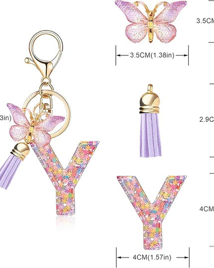 Fashion Alphabet Initial Letter Keychain Tassel Butterfly Pendant Key Ring for Purse Handbags Women Girl
