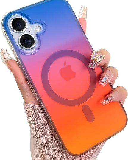 Aesthetic Case for iPhone 17 Case for Women Girls [Compatible with Magsafe] Cute Girly Trendy Glitter Sparkly Rainbow Magnetic Protective Phone Cover, Matte Iridescent Blue & Orange