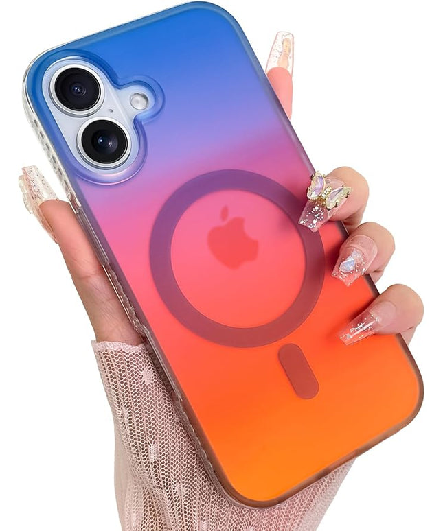 Aesthetic Case for iPhone 17 Case for Women Girls [Compatible with Magsafe] Cute Girly Trendy Glitter Sparkly Rainbow Magnetic Protective Phone Cover, Matte Iridescent Blue & Orange