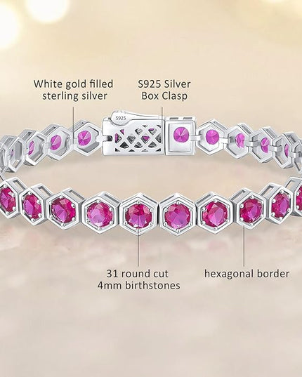 Birthstone Tennis Bracelets for Women Birthday Gifts 925 Sterling Silver Hexagon White Gold Bracelets Round Cut 5A Cubic Zirconia Prong Setting 7 Inch Anniversary Jewelry Gift