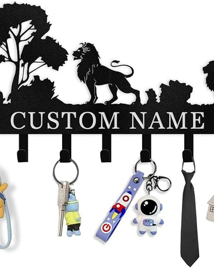 Kotagi Personalized Key Holder Wall Mount, Black Metal Key Hanger Adhesive Key Rack Organizer with Lion Design, Key Hooks Wall Decorative for Living Room, Entryway, Doorway, Hallway, Garage