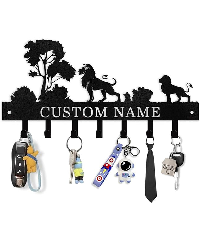 Kotagi Personalized Key Holder Wall Mount, Black Metal Key Hanger Adhesive Key Rack Organizer with Lion Design, Key Hooks Wall Decorative for Living Room, Entryway, Doorway, Hallway, Garage