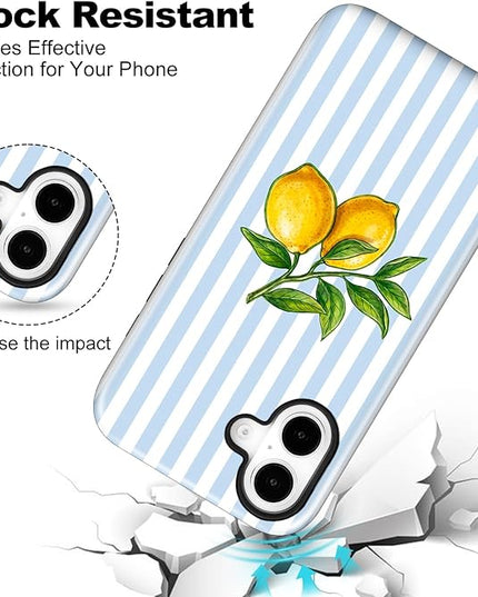 Magnetic for iPhone 17 Case Cute Lemon Stripes Phone Case, Shockproof Slim TPU and Hard PC Protective Phone Cover Compatible with MagSafe Designed for Women Girls, Blue