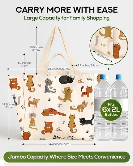 Large Canvas Grocery Tote Bag - Reusable Extra Large Shopping Shoulder Bags with 6 Inner Pockets & 2 Handle Strap