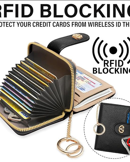 Multi-Purpose Wallet High Capacity Card Holder Zipper Coin Purse with Wristlet Bracelet Keychain Silicone Beaded Bangle Key Ring