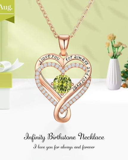 Infinity Love Heart Birthstone Necklace for Women Wife, S925 Sterling Silver Anniversary for Women Wife Birthday Gift for Her Girlfriend Mom Daughters, I Love You Women's Jewelry 18k Rose Gold Filled